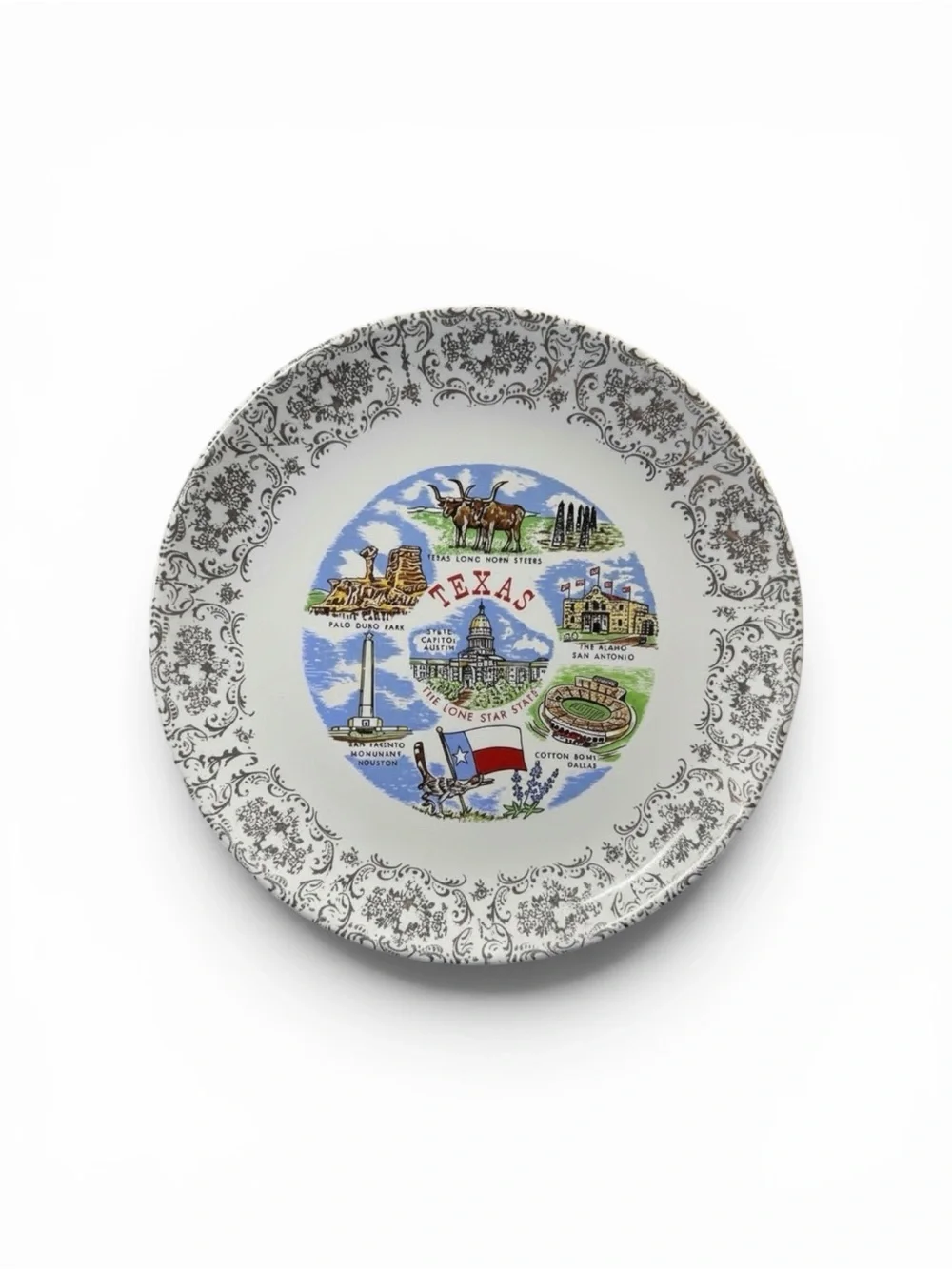 Vintage State of Texas Souvenir Decorative Plate with Scenic Landmarks - White